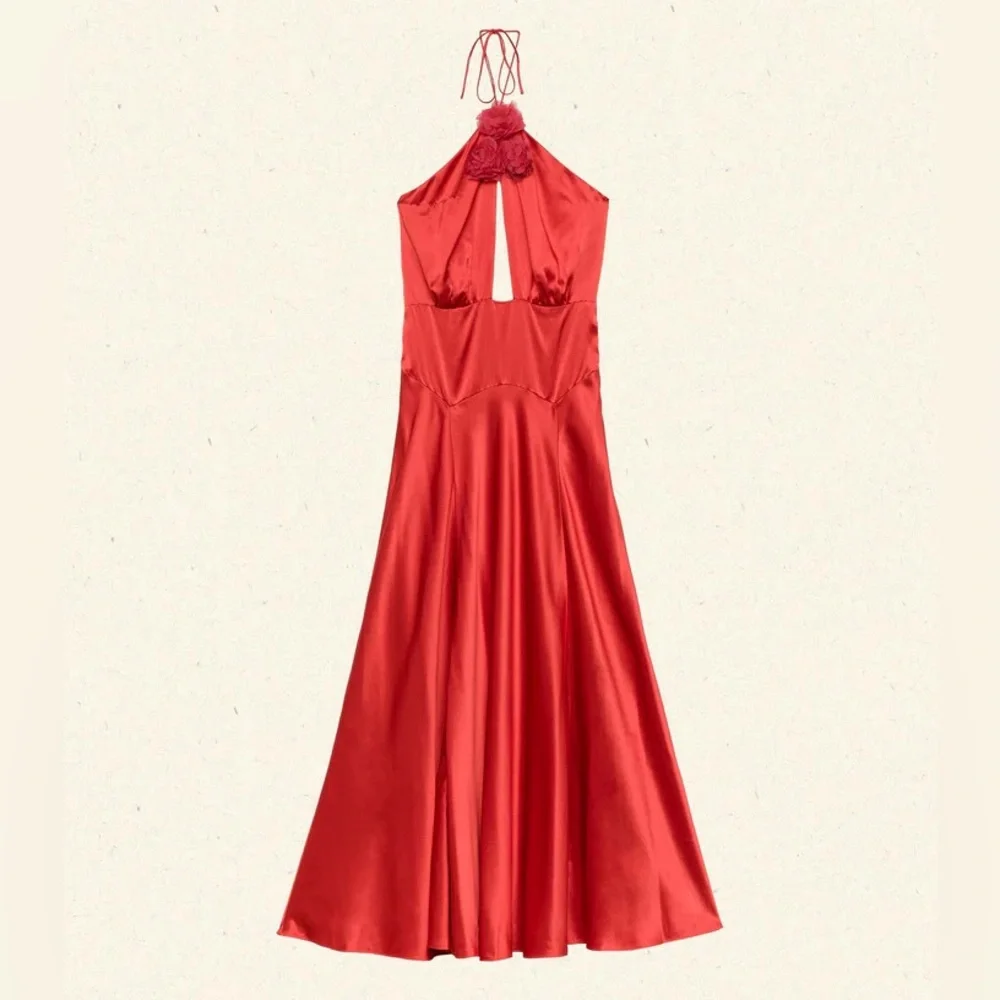 NWT Doen Lilaia Silk Rosette Rose Halter Maxi Dress Gown Fiery Coral Red - Picture 15 of 16